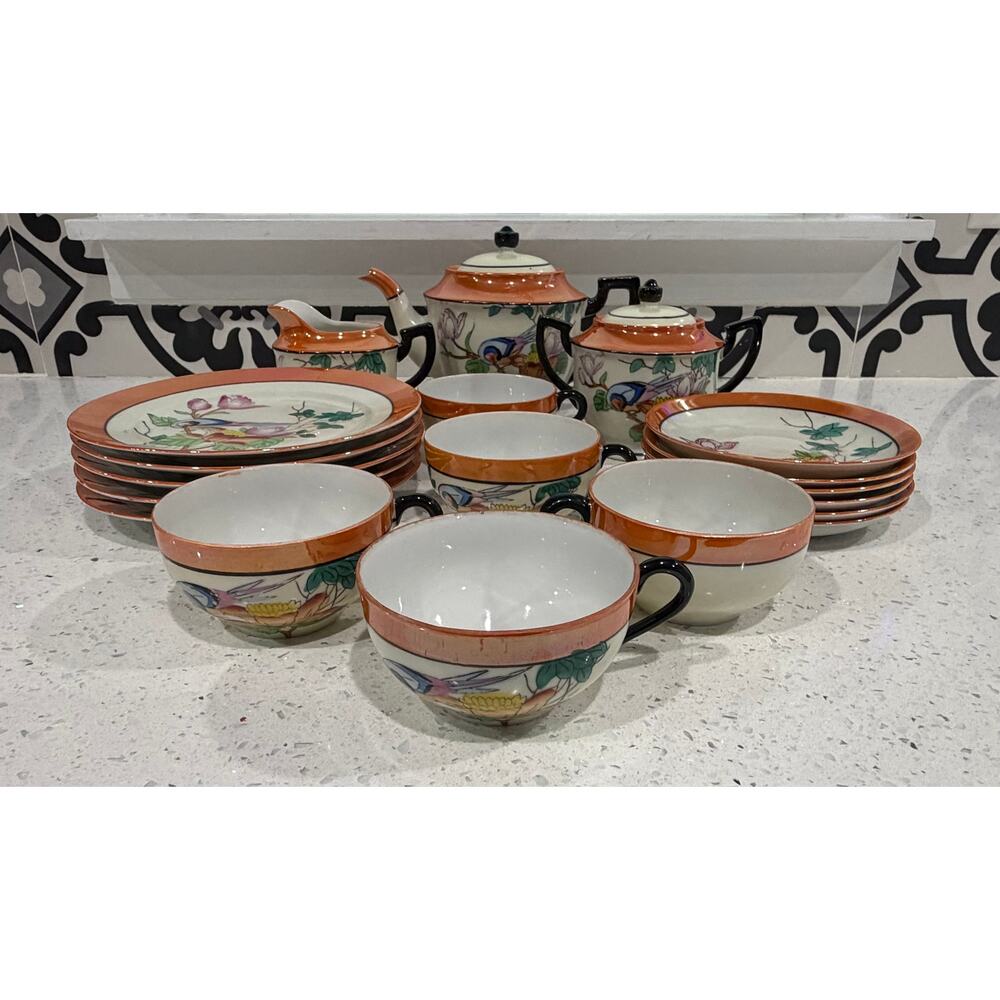Vintage Japanese Lusterware Tea Set Chikaramachi Bird & Flower Pattern 18 pieces